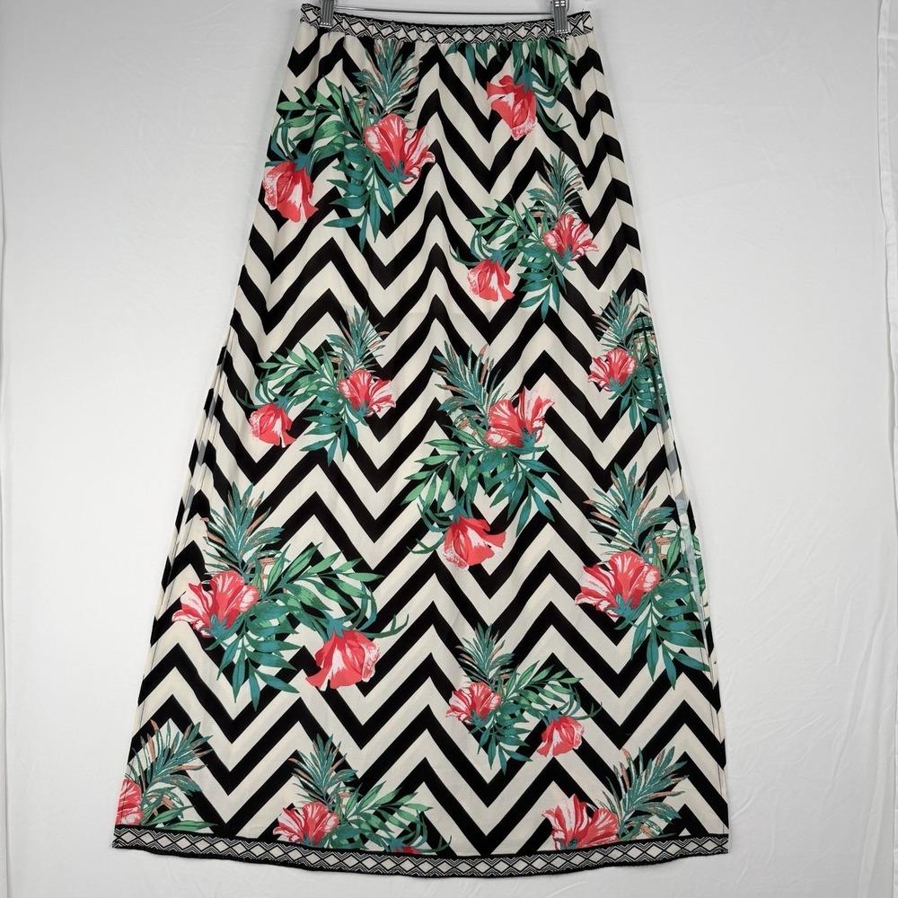 Flying Tomato Skirt Womens SZ-L tropical Flower/zigzag-Maxi Tassel Elastic Waist